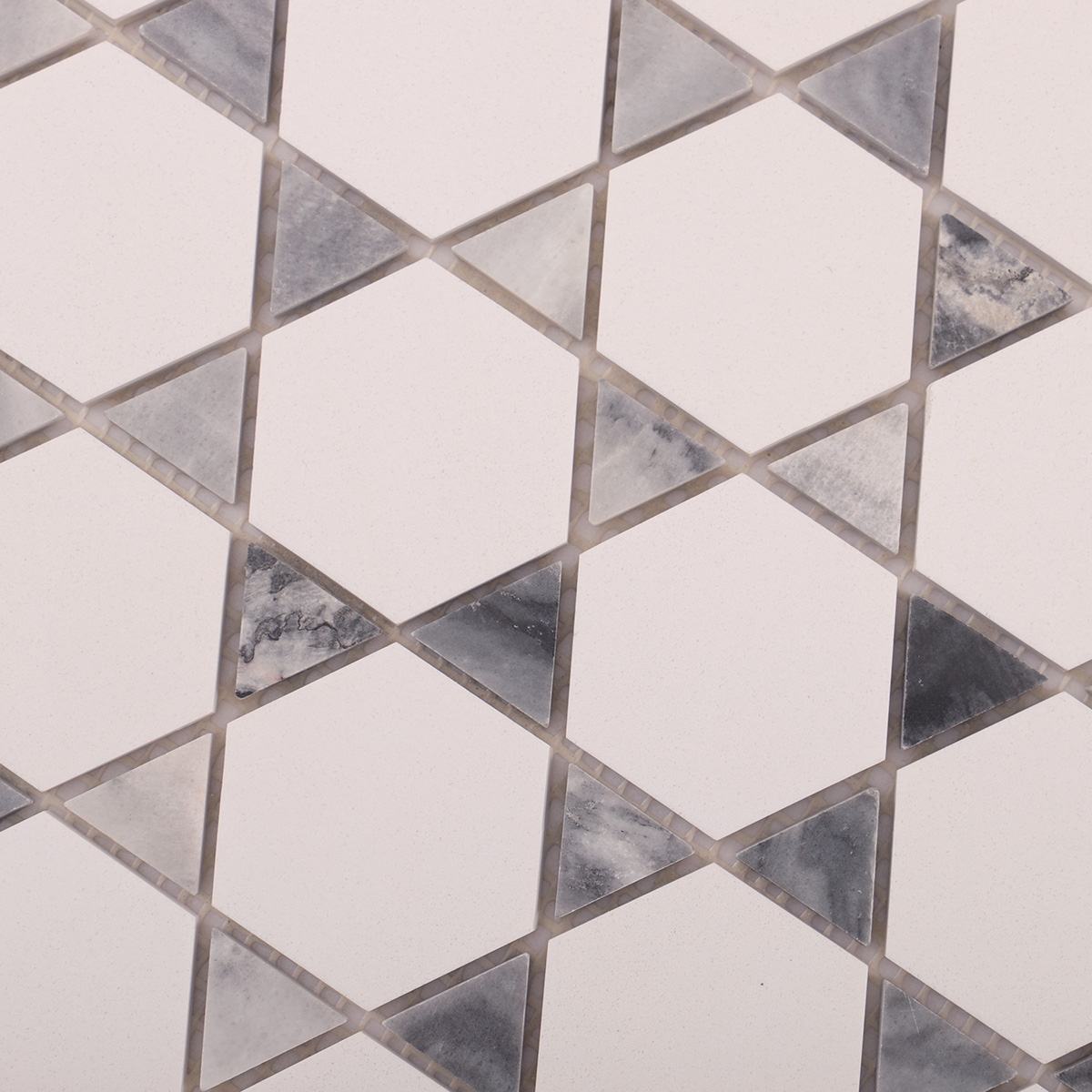 Close-up of hexagon mix triangle marble mosaic tiles