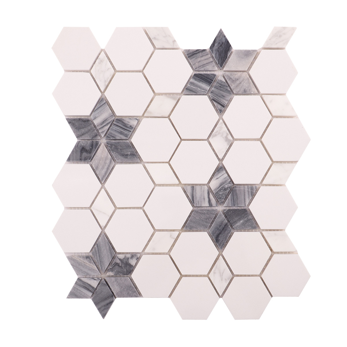 Obverse side of white and grey flower marble mosaic tiles.