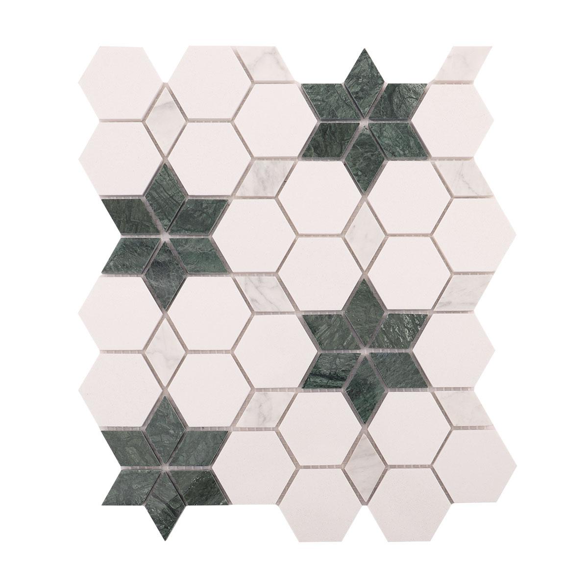 Obverse side of green and white floral marble mosaic tiles