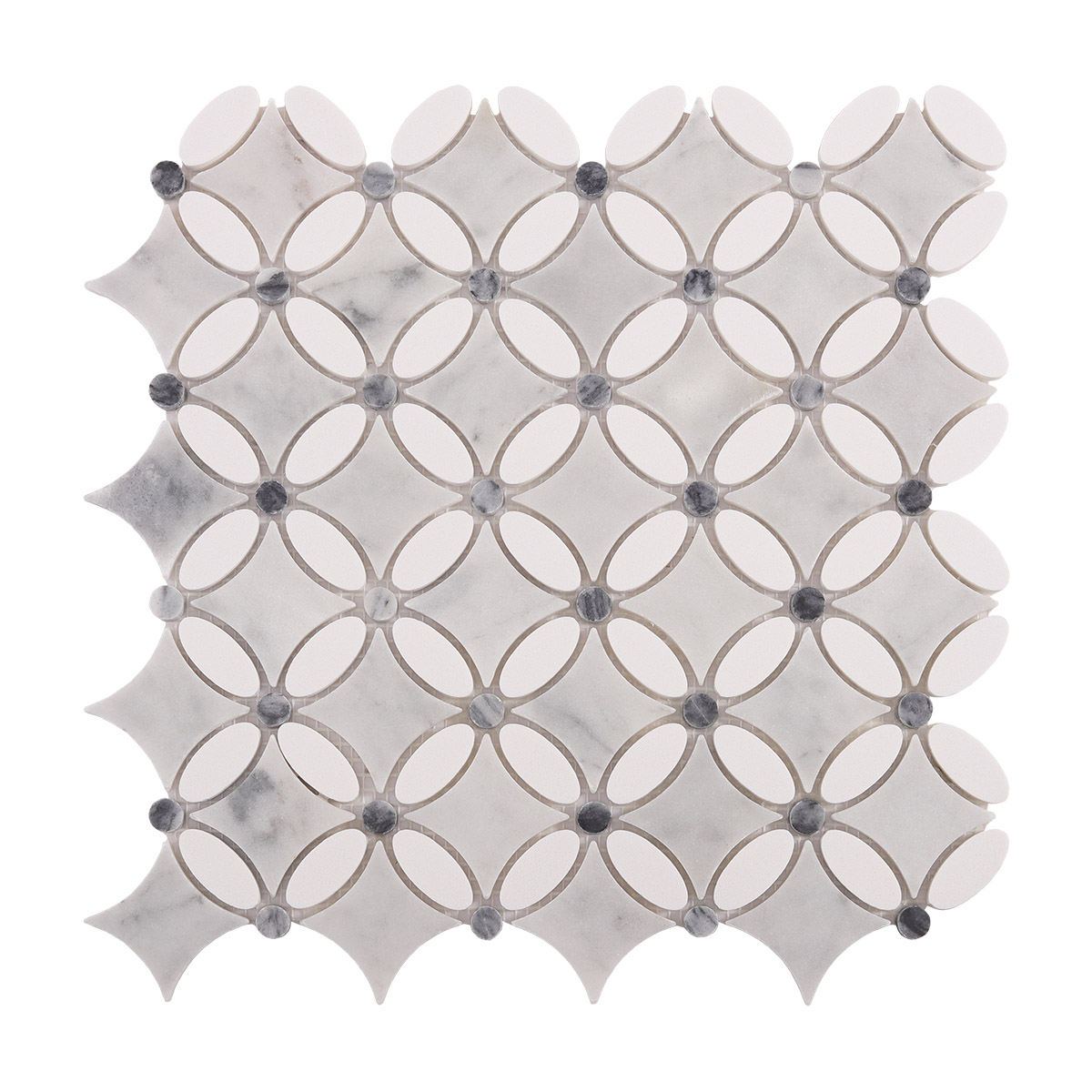 Obverse side of  thassos gray and white floral marble mosaic tiles.