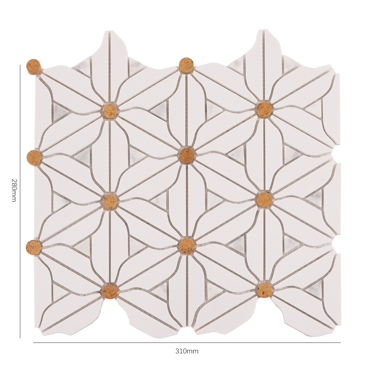 Detailed size view of obverse side of white floral marble mosaic tiles