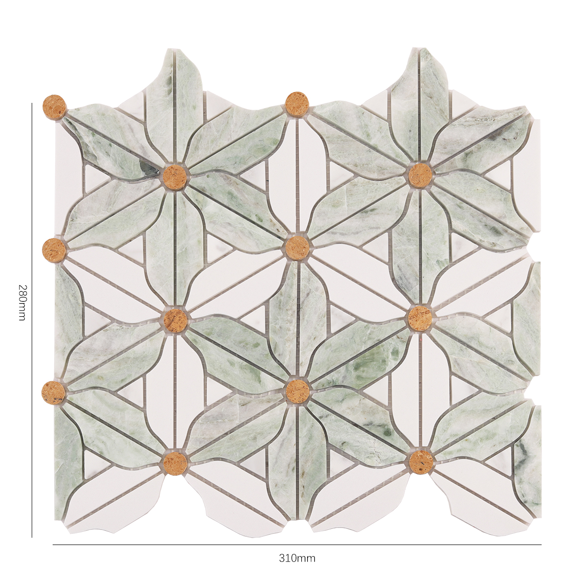 Size view of obverse side of black and white flower marble mosaic tiles.