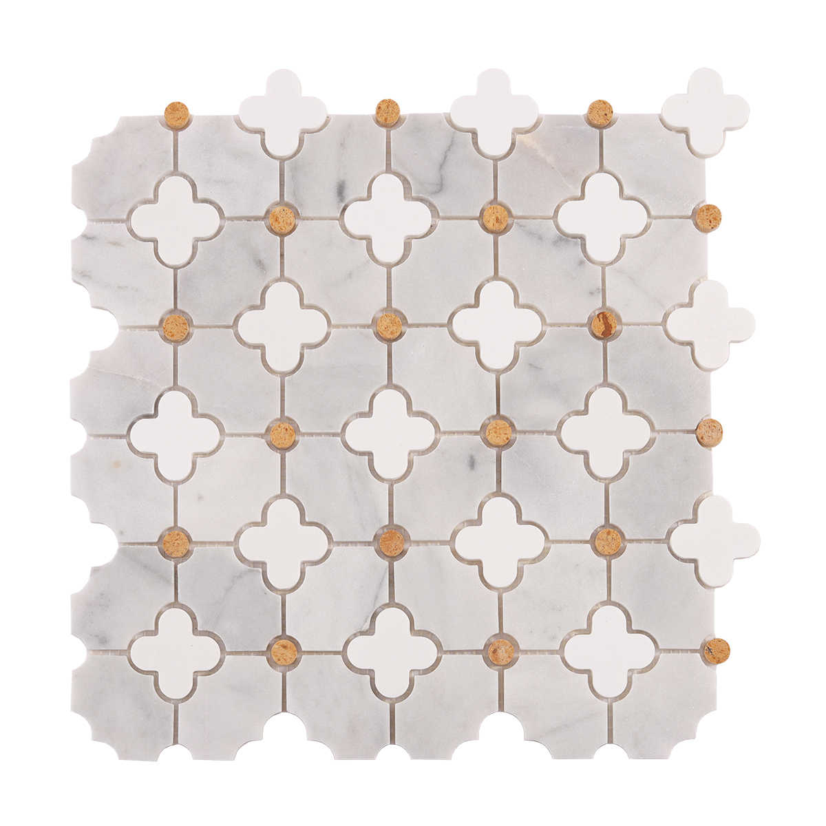 Obverse side of gray and white flower waterjet marble mosaic tiles