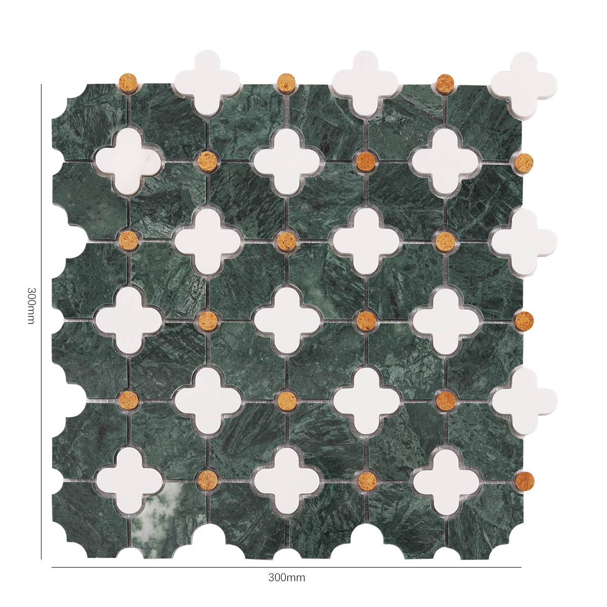 Obverse side of green and white floral pattern polished stone mosaic tiles, showing size.