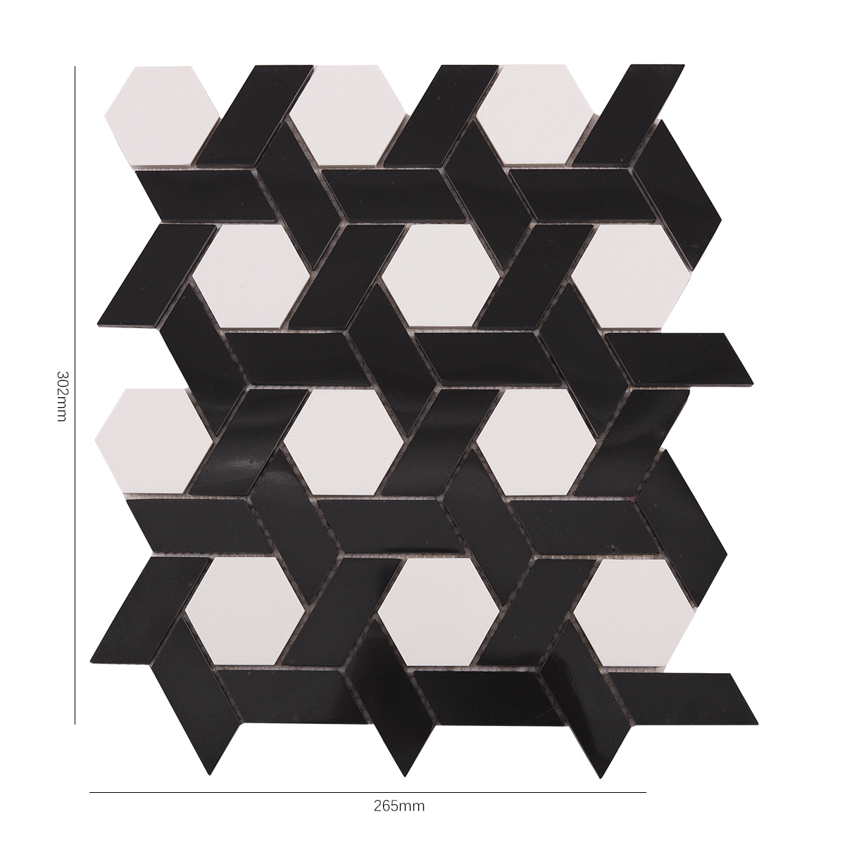 Obverse side of white and black lattice pattern natural stone mosaic tiles, showing size.