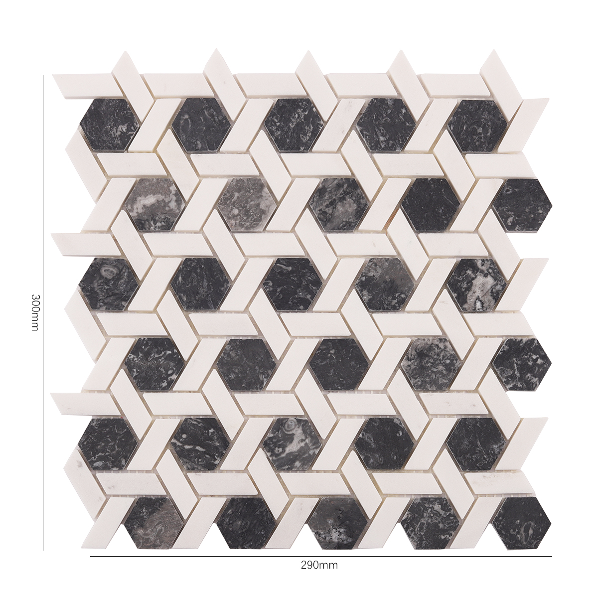 Size view of obverse side of gray and white hexagonal lattice marble mosaic tiles
