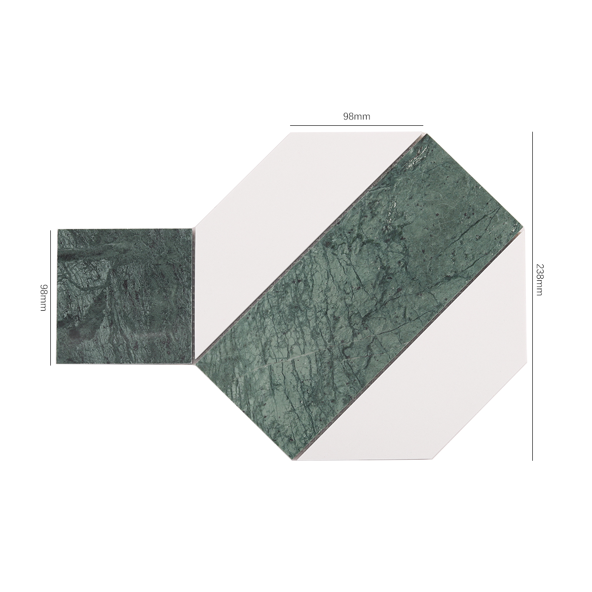 Obverse side of big hexagon green and white marble tiles, showing size
