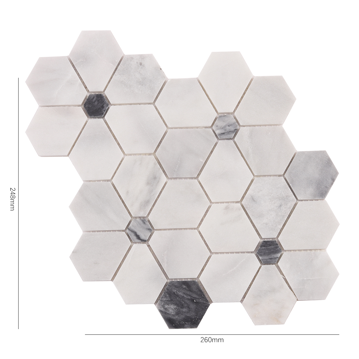 Obverse side of Carrara white hexagon flower marble mosaic tiles, showing size