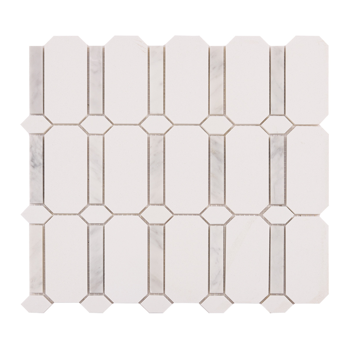 Obverse side of white octagon marble mosaic tiles