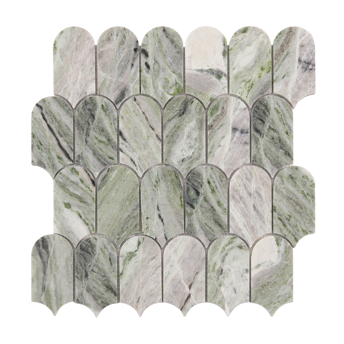 Obverse side of Envy Green long fish scale marble mosaic tiles