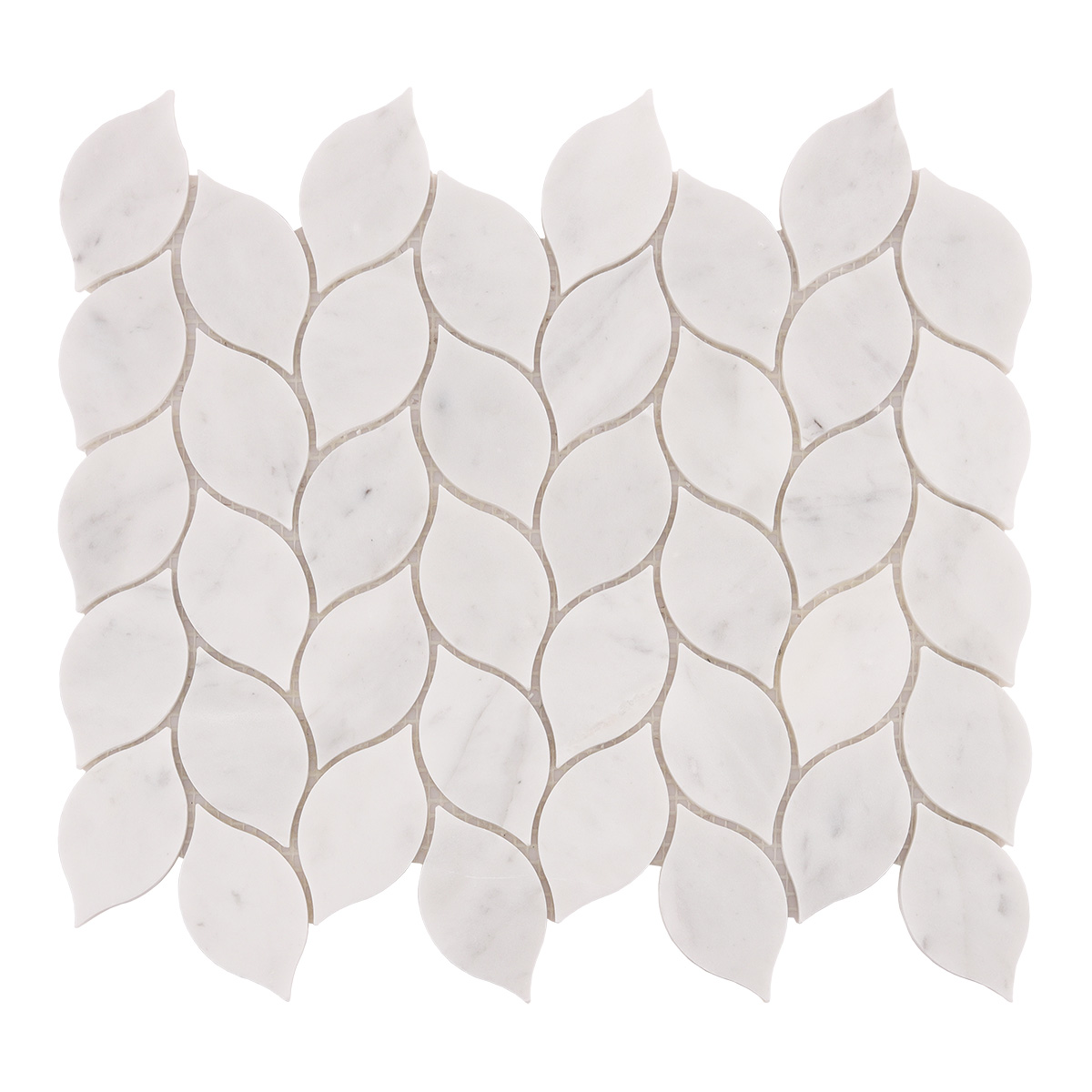 Obverse side of Carrara white leaf marble mosaic tiles