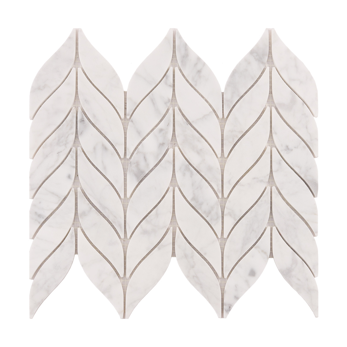 Obverse side of white Carrara waterjet leaf marble mosaic tiles