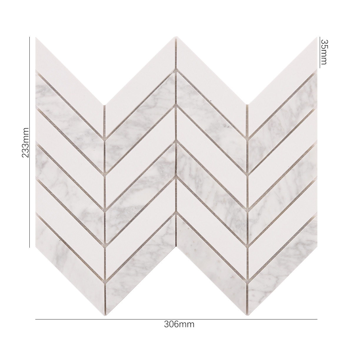 Size view of obverse side of Herringbone Carrara White marble mosaic tiles