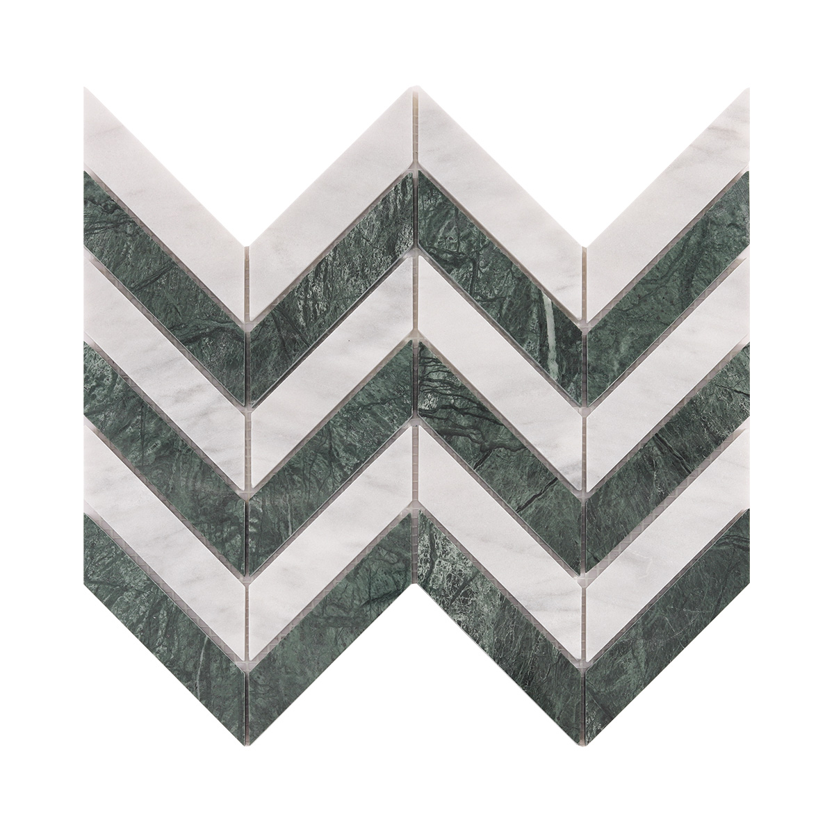 Obverse side of Green & White Herringbone Honed marble mosaic tiles