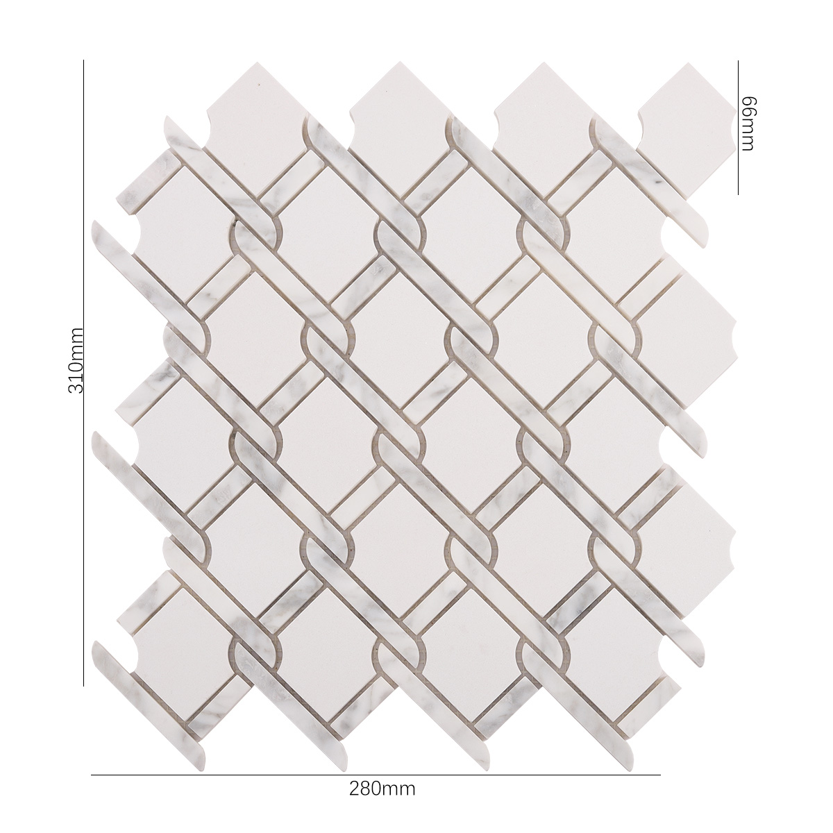 Size view of obverse side of White Fog Chain Link stone mosaic tiles.