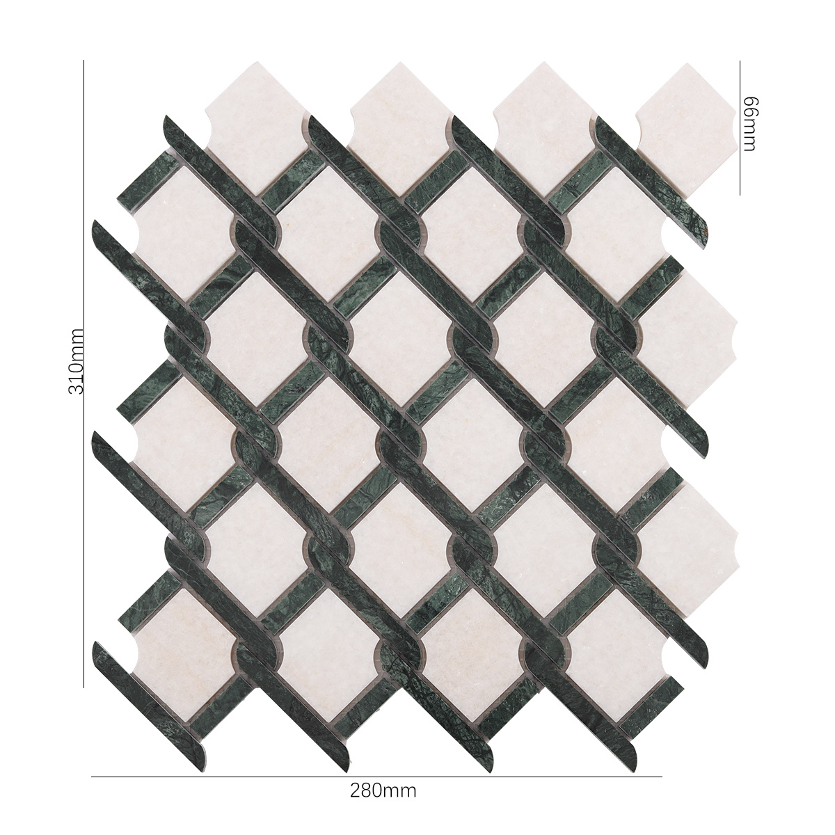 Obverse side of Thassos Green and White Princess Weave natural stone mosaic tiles, showing size.