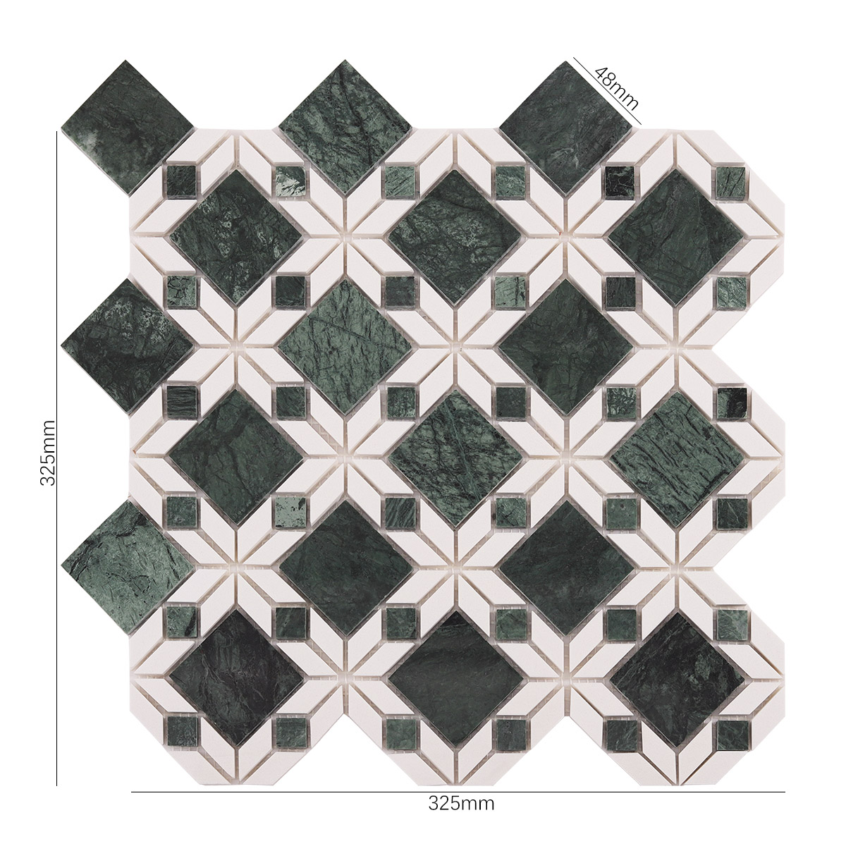 Size view of obverse side of Green and White Natural Marble Flower mosaic tiles