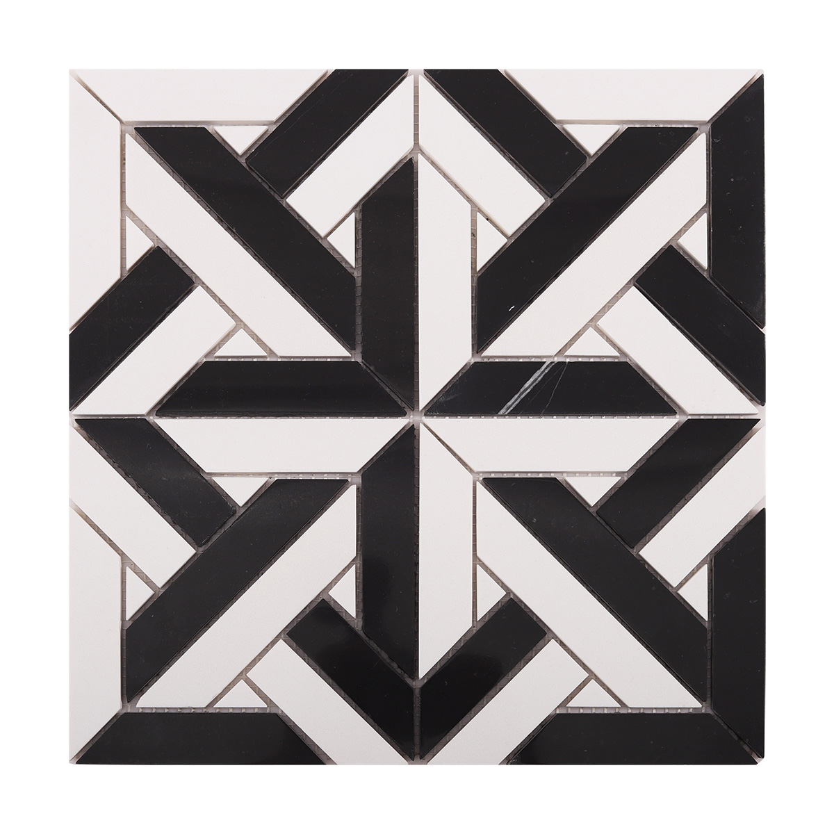 Obverse view of White and Black Geometrica polished marble mosaic tiles
