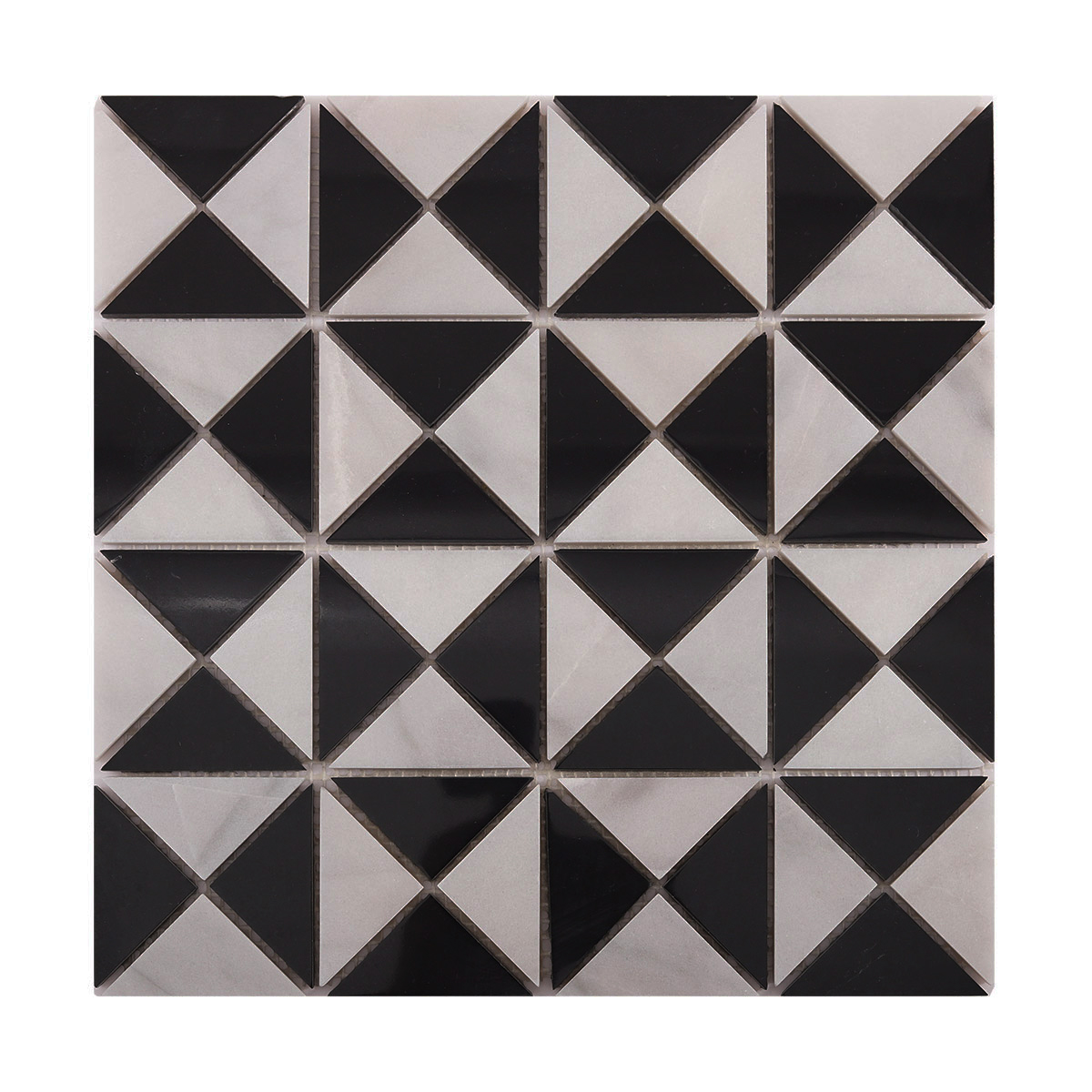 Front view of Carrara White and Black Triangle Windmill marble mosaic tiles