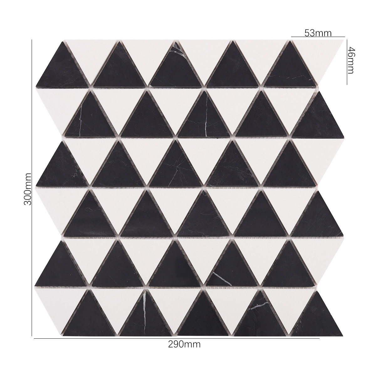 Obverse side of White and Black Triangle Honed Stone Mosaic Tiles, showing size