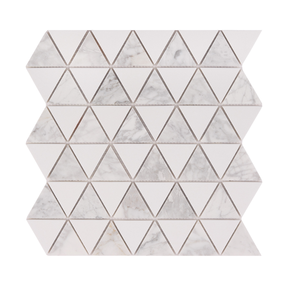 Obverse side of White Equilateral Triangle Honed Stone Mosaic Tiles