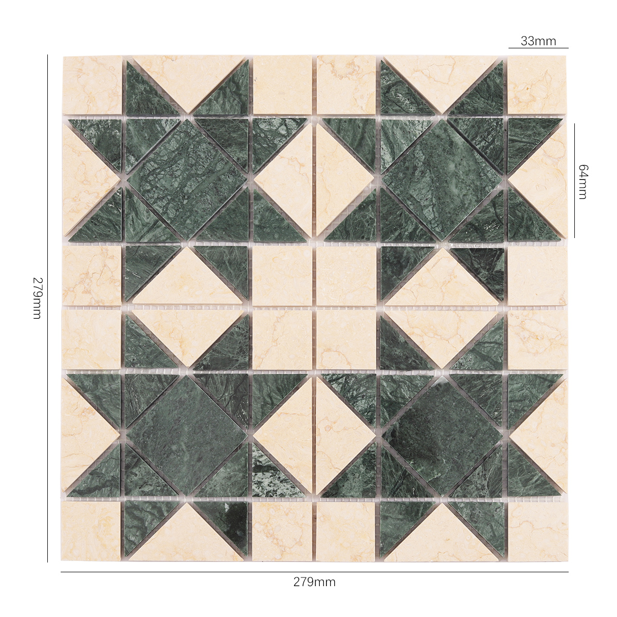 Size view of obverse side of Green Mixed Beige Stars Marble Mosaic Tiles