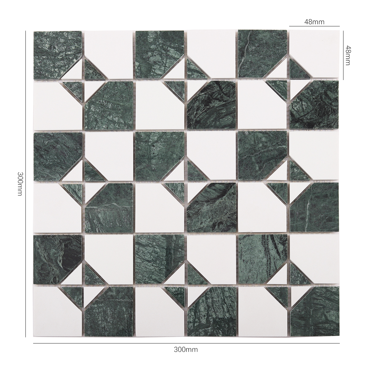 Size view of obverse side of Green Mixed White Natural Stone Retro Mosaic Tiles.