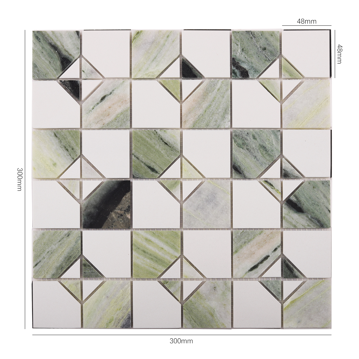 Size view of obverse side of Ming Green & White Marble Honed Mosaic Tiles