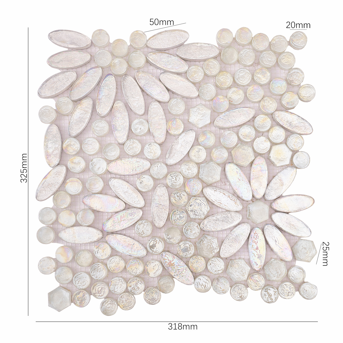 Obverse side of Opalescent Oval Flower Glass Mosaic Floor Tiles, showing size