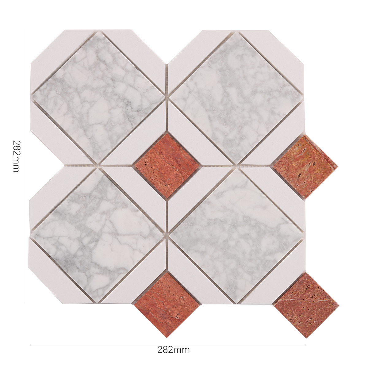 Size view of obverse side of White and Red Polished Marble Mosaic Tiles.