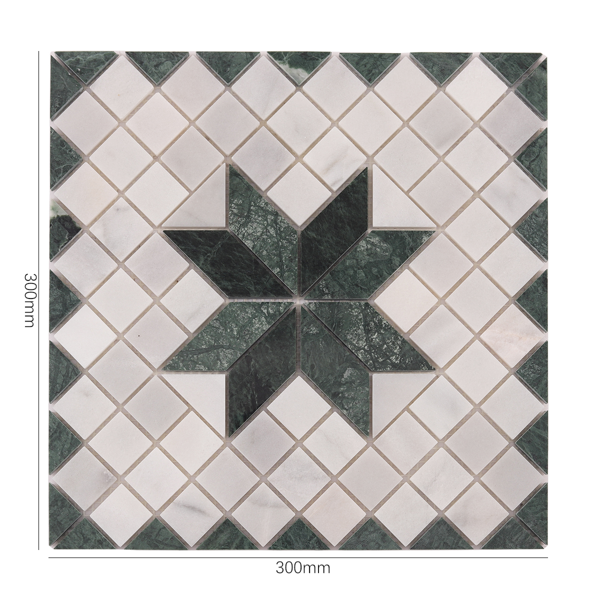 Obverse side of Carrara White & Green Star Marble Mosaic Tiles, showing size