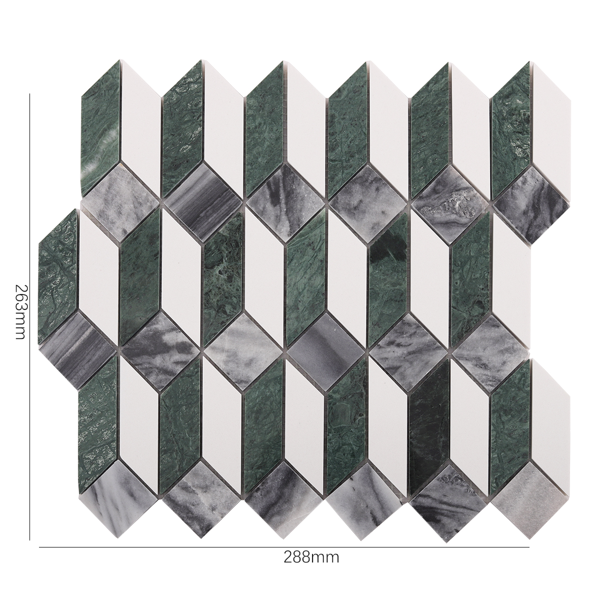 Size view of obverse side of Green and White Picket Marble Mosaic Tiles.