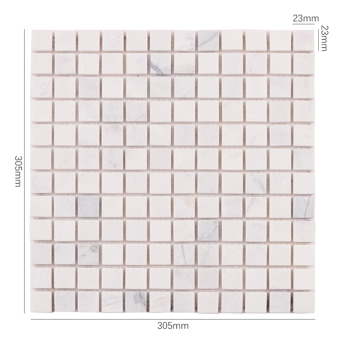 Obverse side of Thassos White Square Marble Mosaic Tiles, showing size