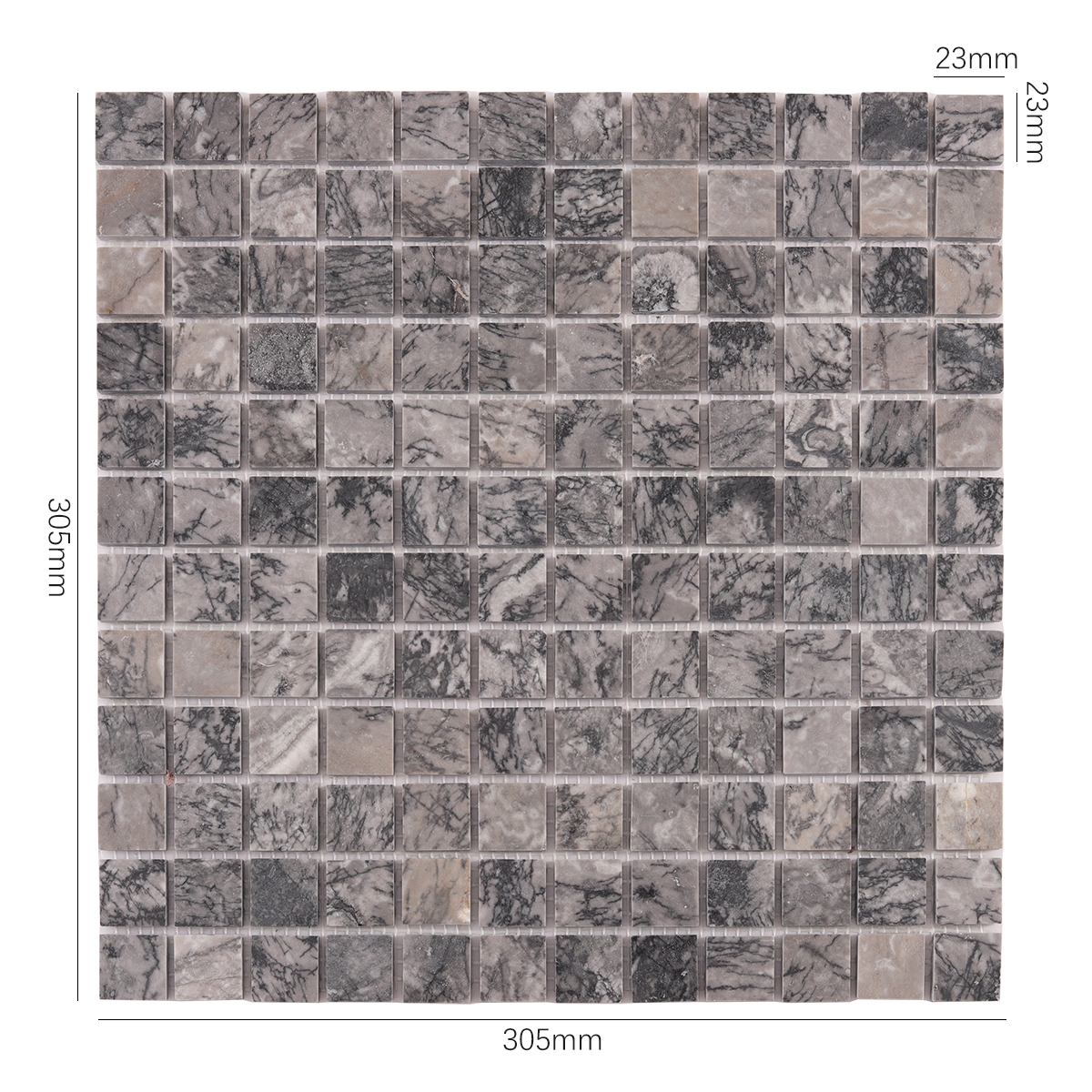 Obverse side of Bardiglio Gray Square Marble Polished Mosaic Tiles, showing size