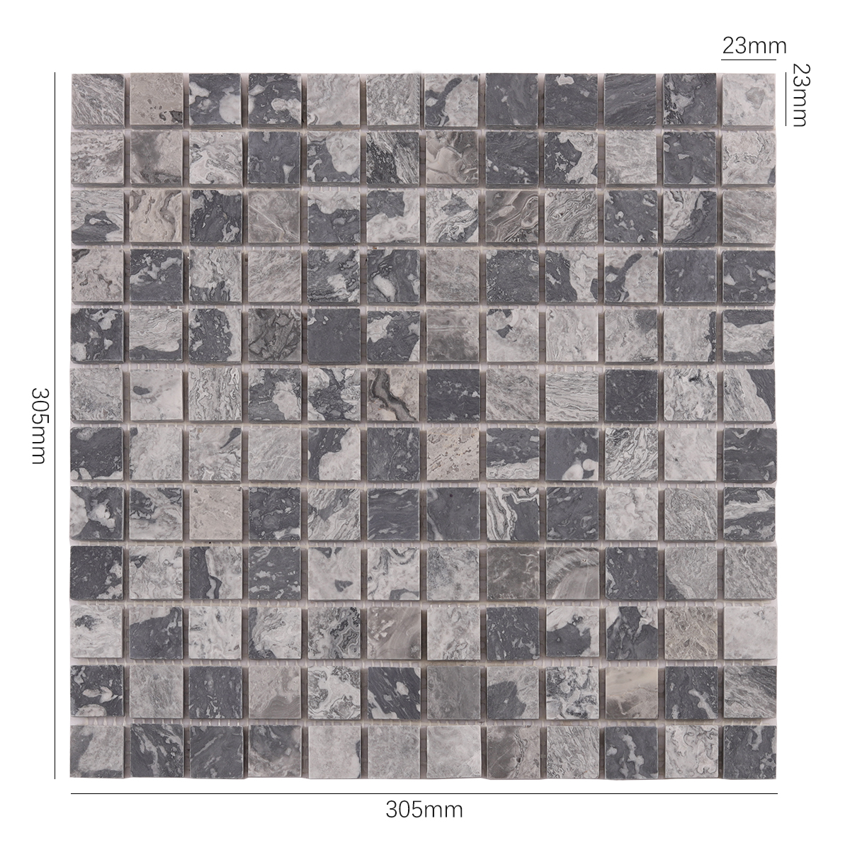 Size view of obverse side of Dark Grey Square Natural Stone Mosaic Wall Tiles.