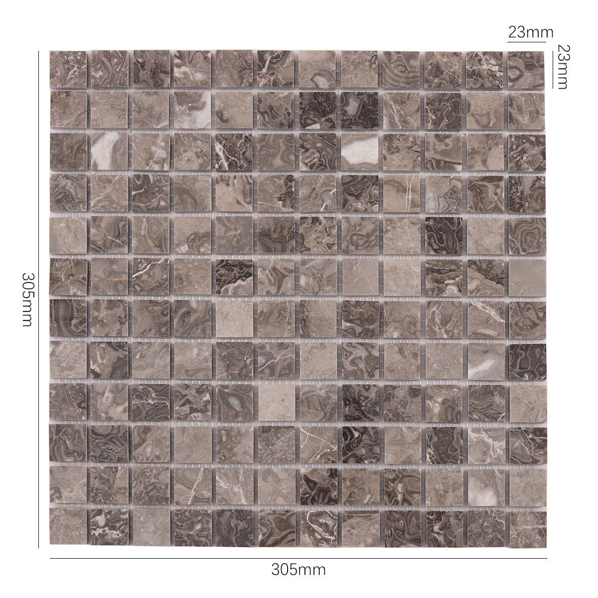 Obverse side of Emperador Light Brown Square Marble Mosaic Tiles, showing size