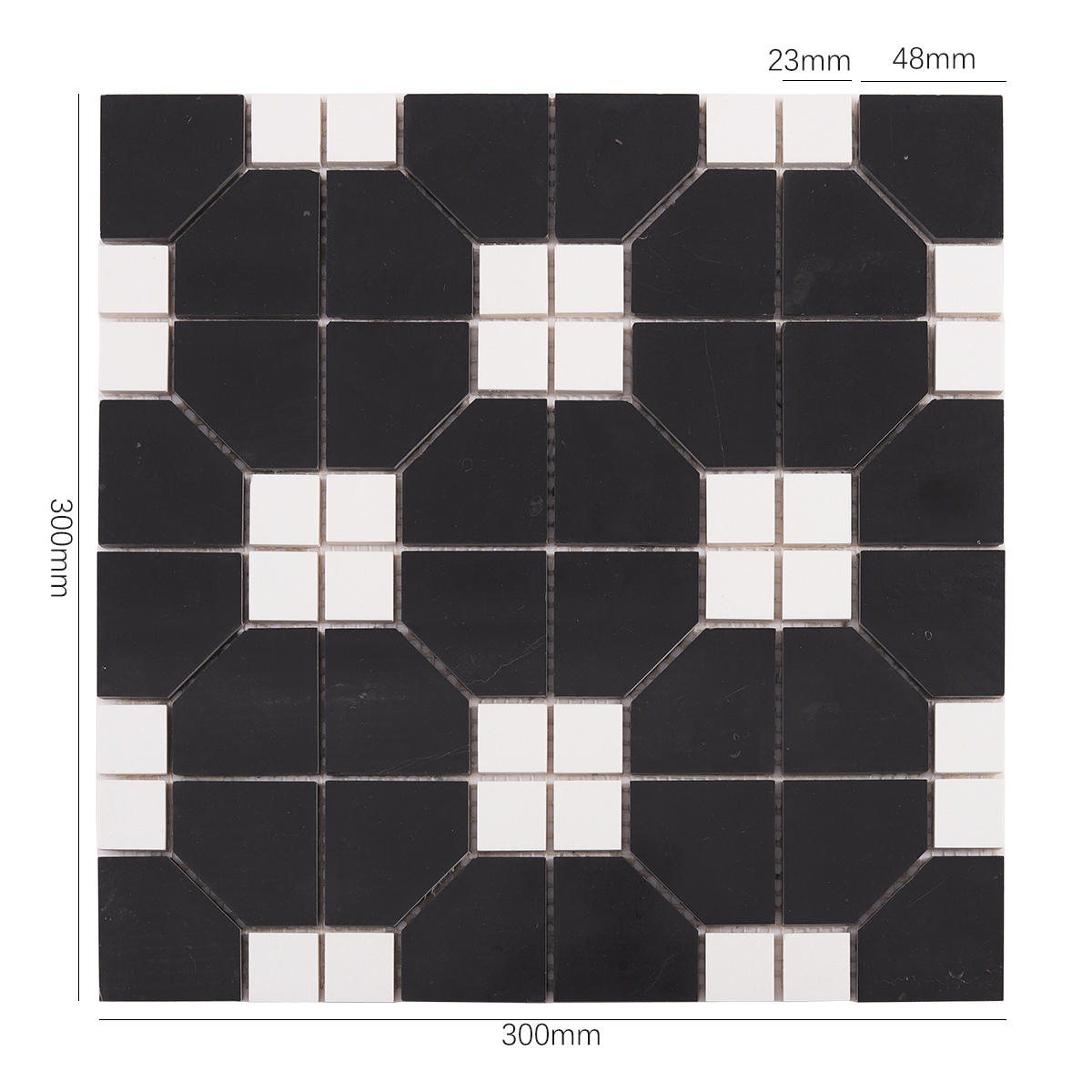 Obverse side of Black and White Hexagon Geometric Marble Mosaic Tiles, showing size.