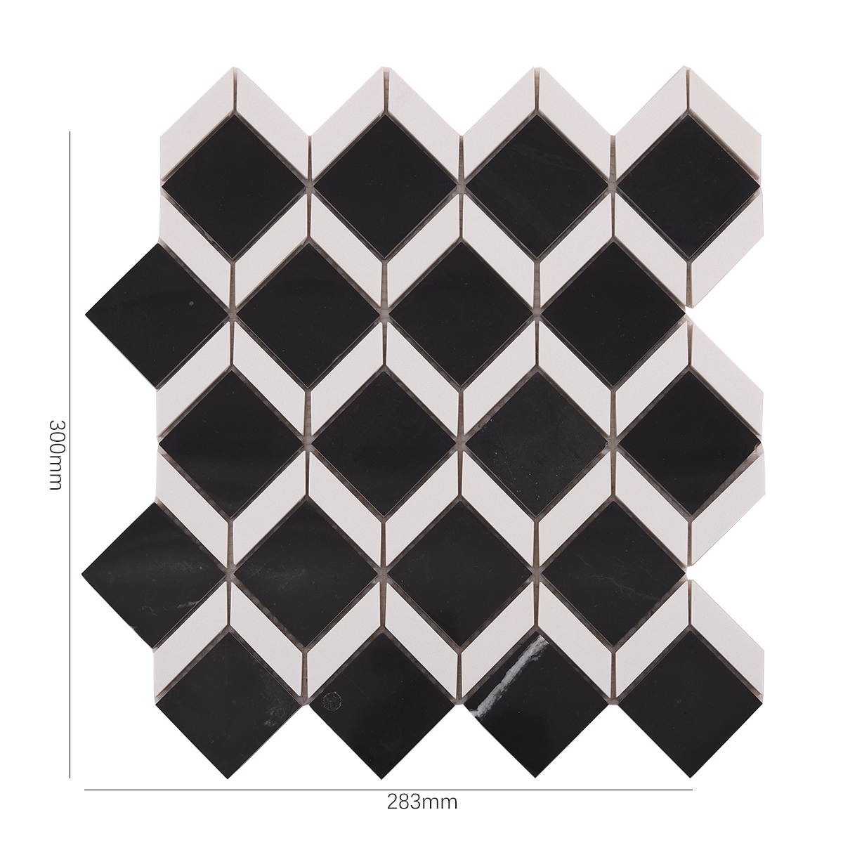 Obverse side of Geometric Square Black and White Marble Mosaic Tiles, showing size