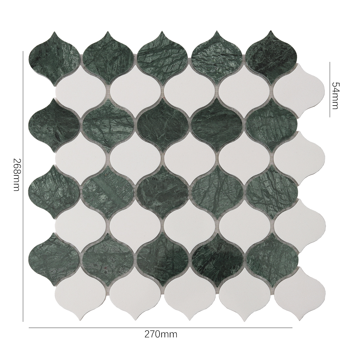 Obverse side of Green and White Arabesque Lantern Marble Mosaic Tiles, showing size.