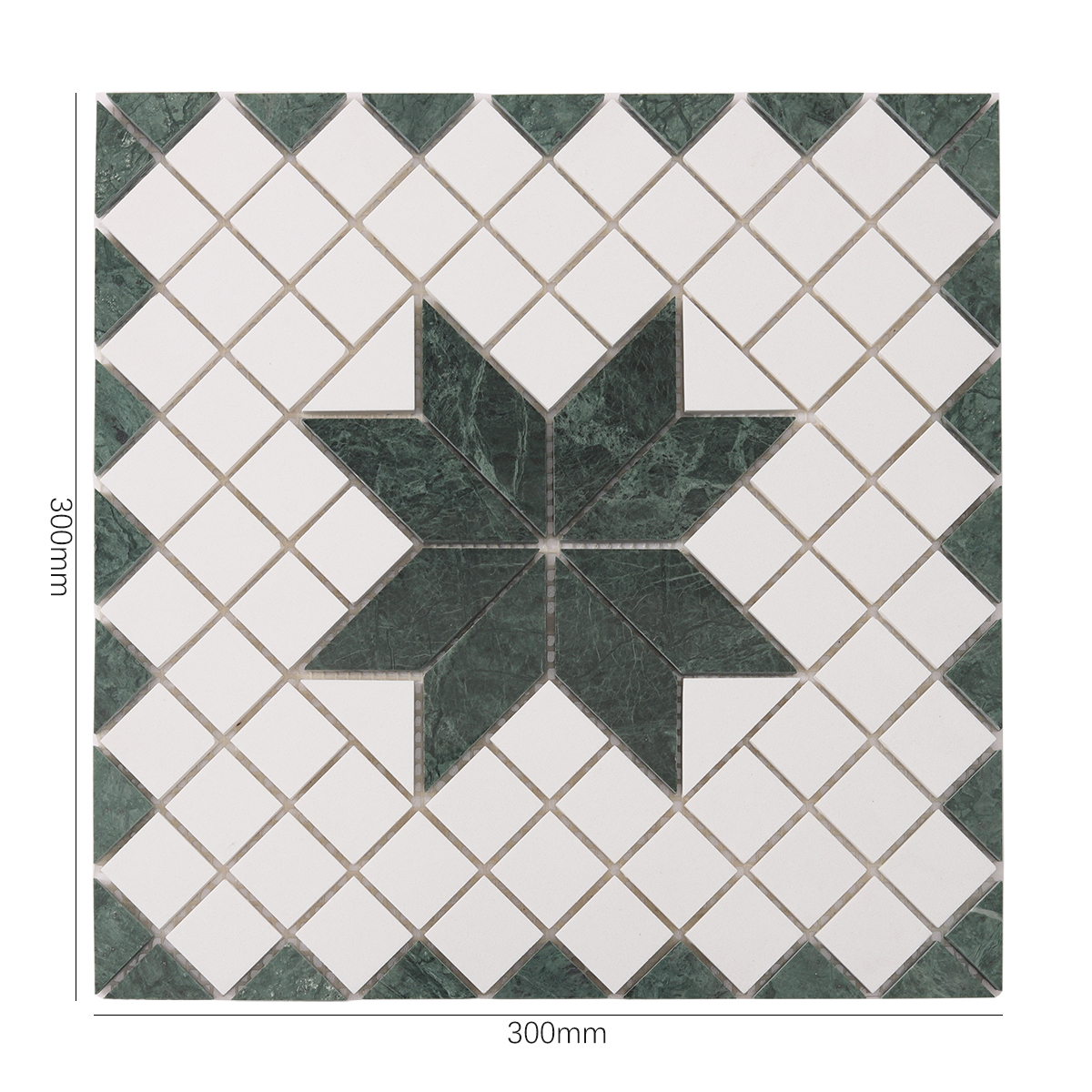 Size view of obverse side of Green & Snow White Multi-Finish Star Marble Mosaic Tiles