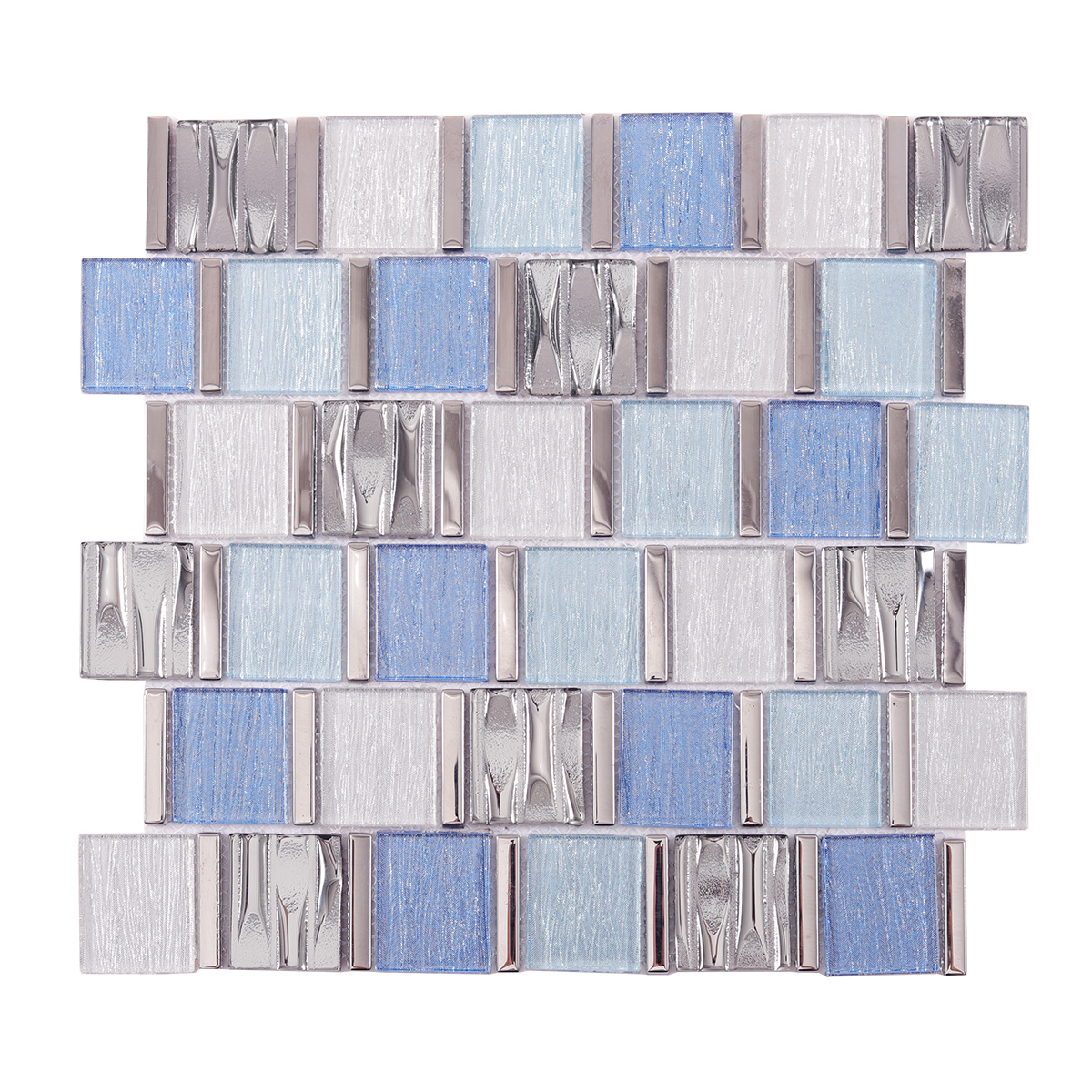 Blue & Silver Brick Glass Mosaic Tiles, obverse side view
