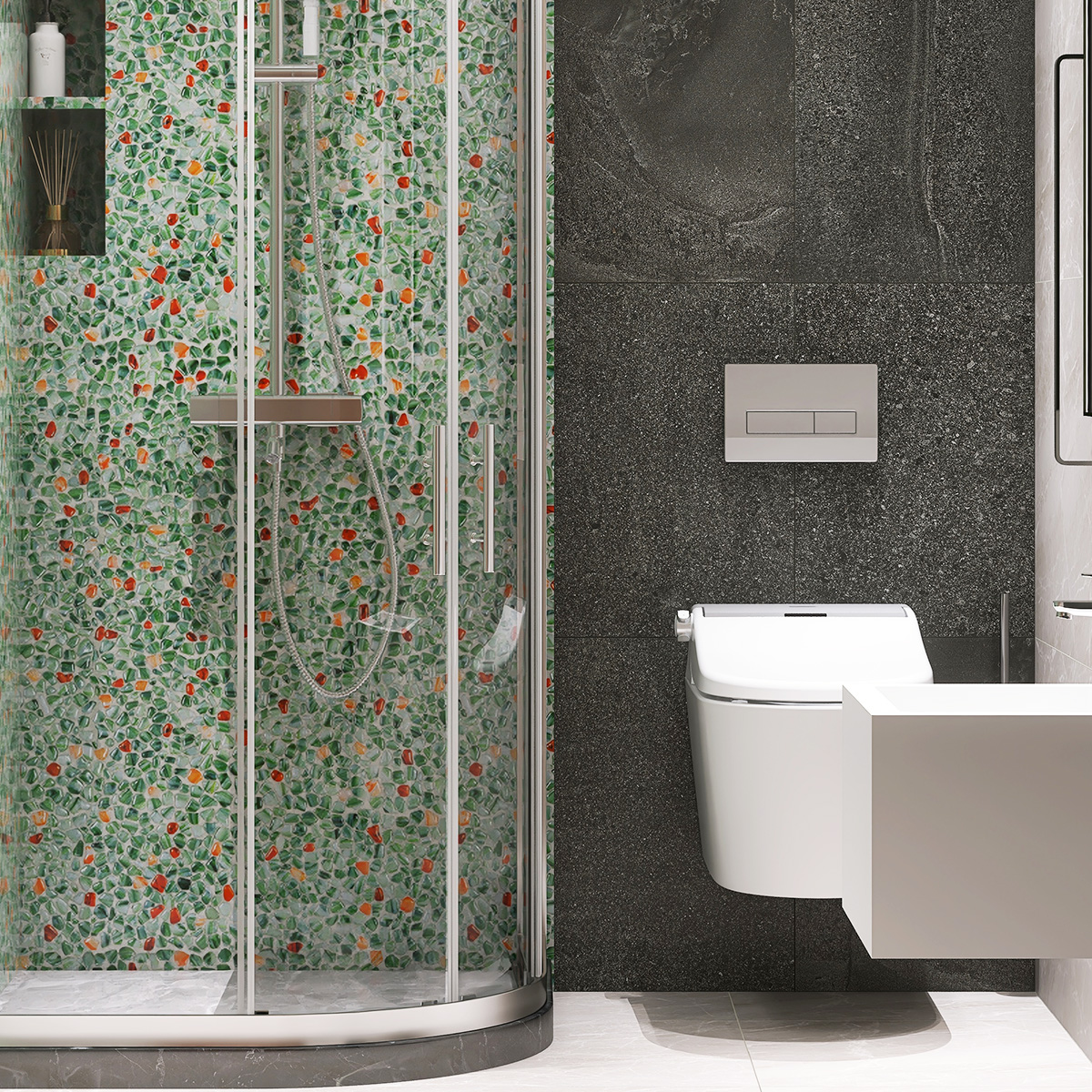 Green glass pebble mosaic tiles resembling river rocks on the shower wall.