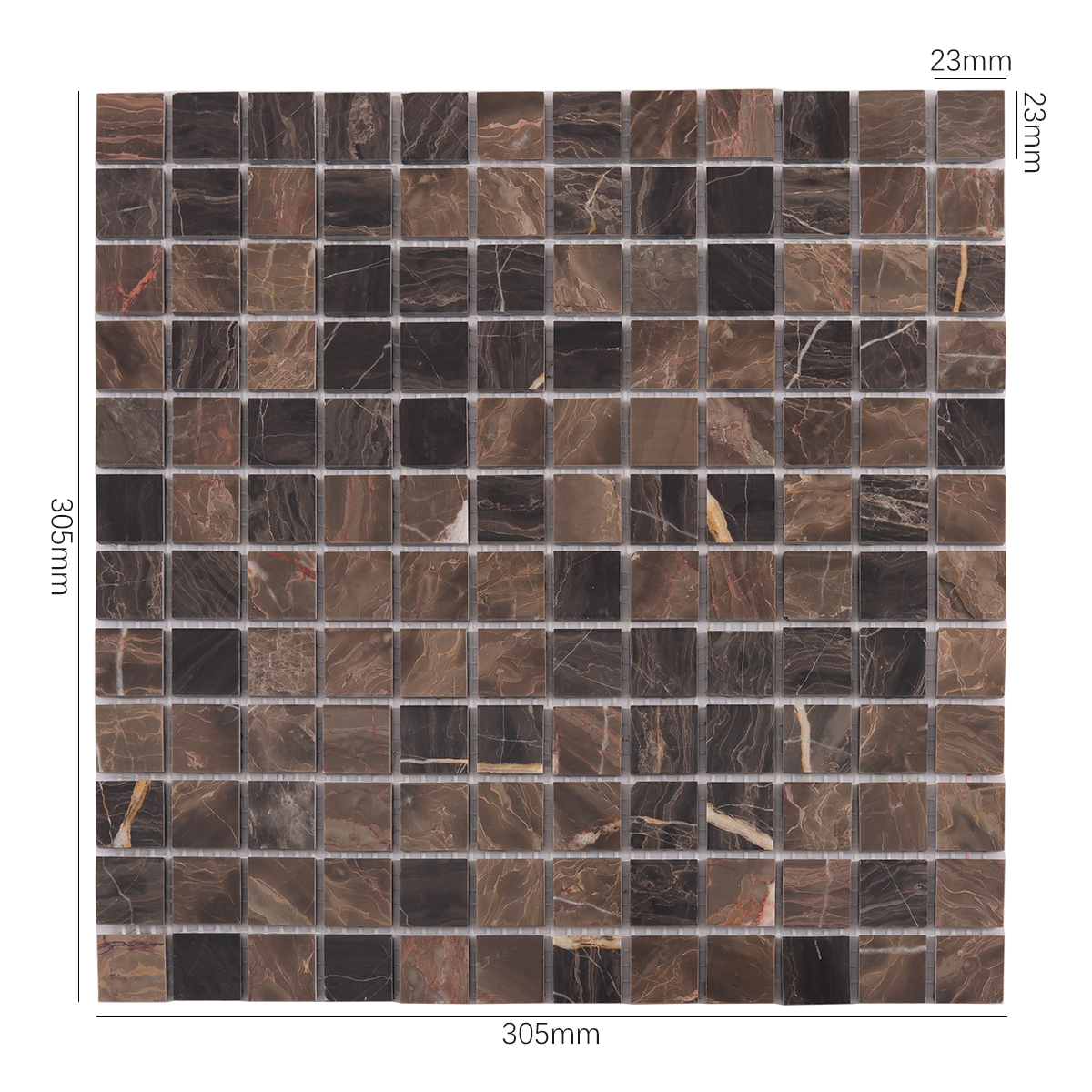 Dark Emperador Marble Square Mosaic Tiles, displayed with size dimensions