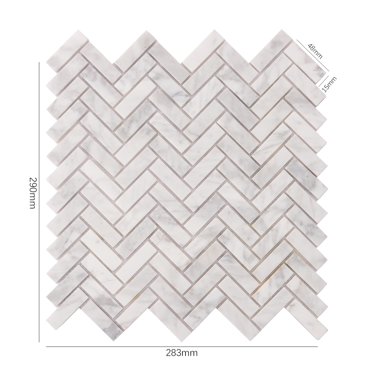 Carrara White Herringbone Marble Polished Mosaic Tiles, displayed with size dimensions