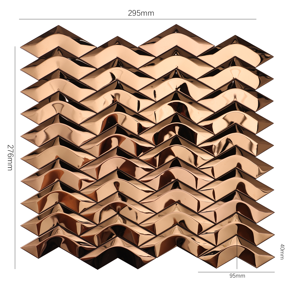 3D Herringbone Rose Gold Mirror Metal Mosaic Wall Tile, displayed with size dimensions