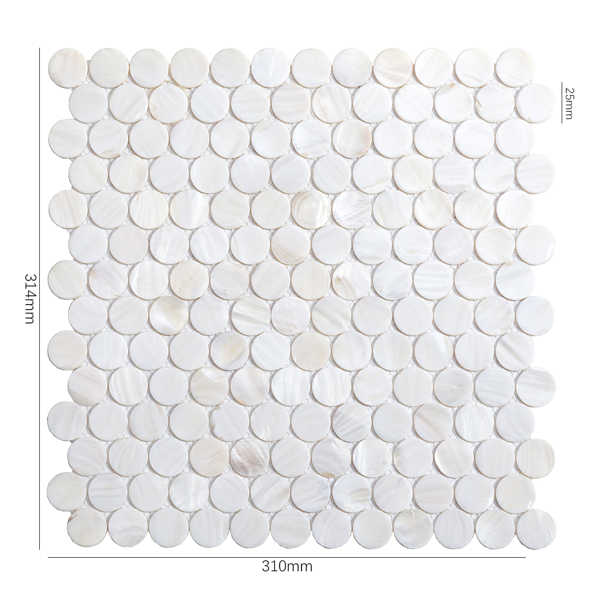 Penny White Natural Pearl Shell Mosaic Tile, displayed with size dimensions