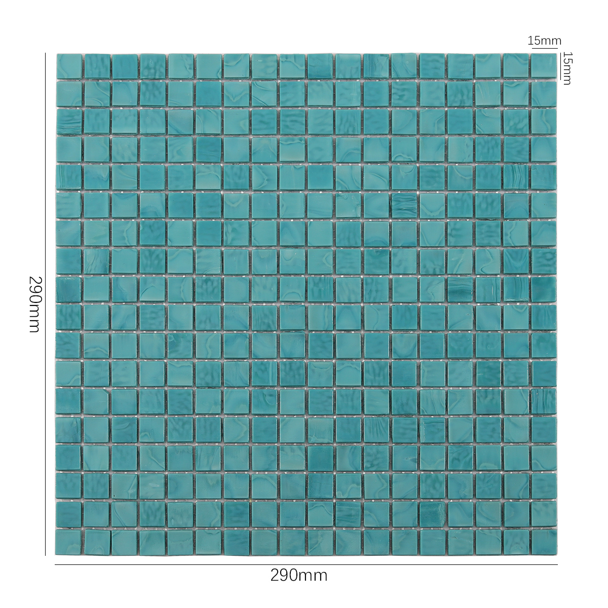 Light Blue Square Glass Mosaic Pool Tile, displayed with size dimensions