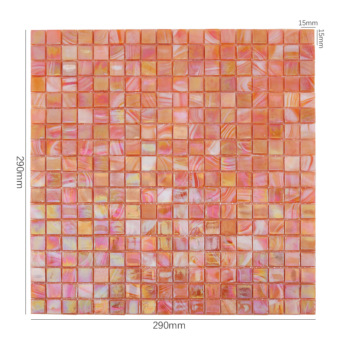 Burnt Orange Iridescent Glass Mosaic Tile, displayed with size dimensions