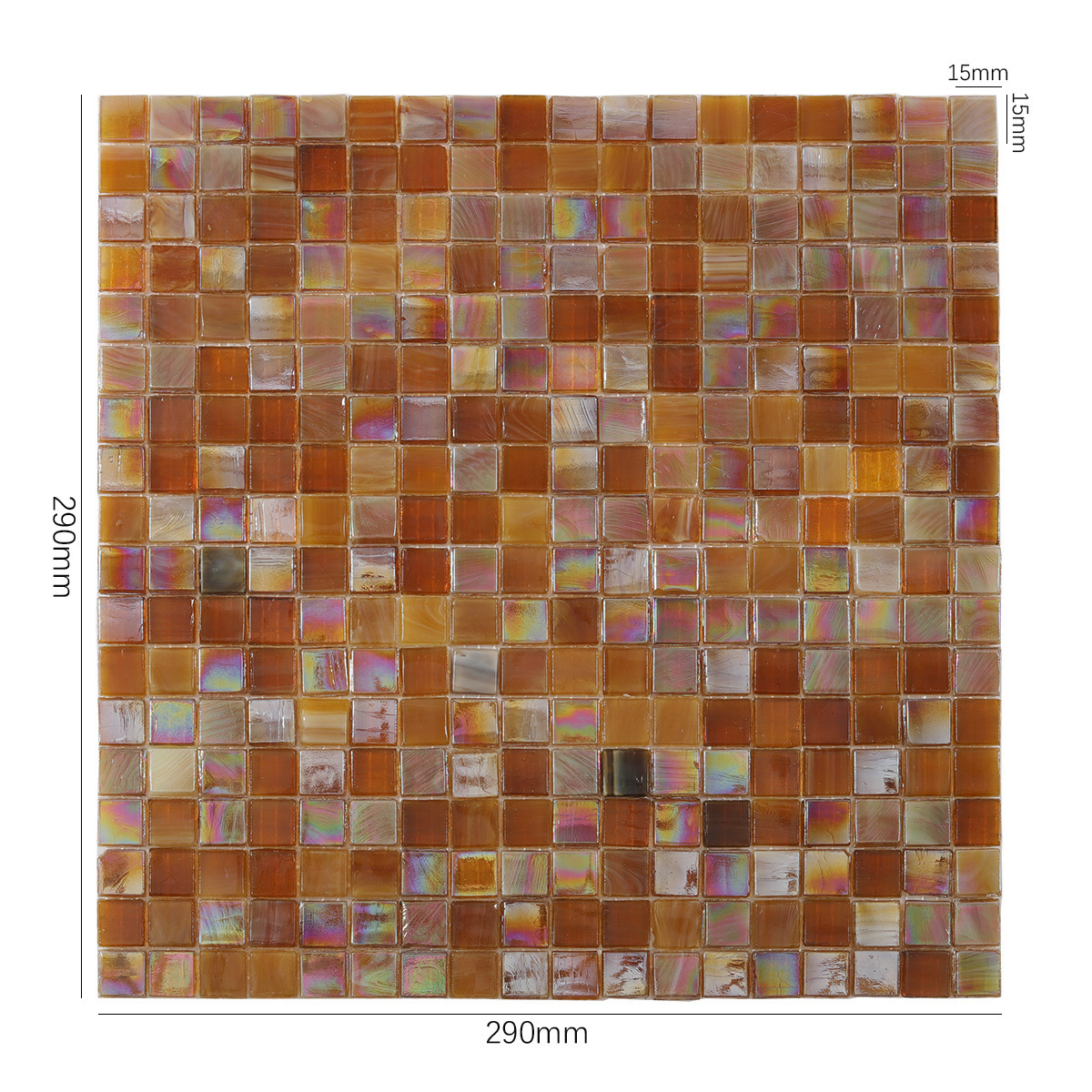 Iridescent Light Brown Glass Mosaic Tile, displayed with size dimensions