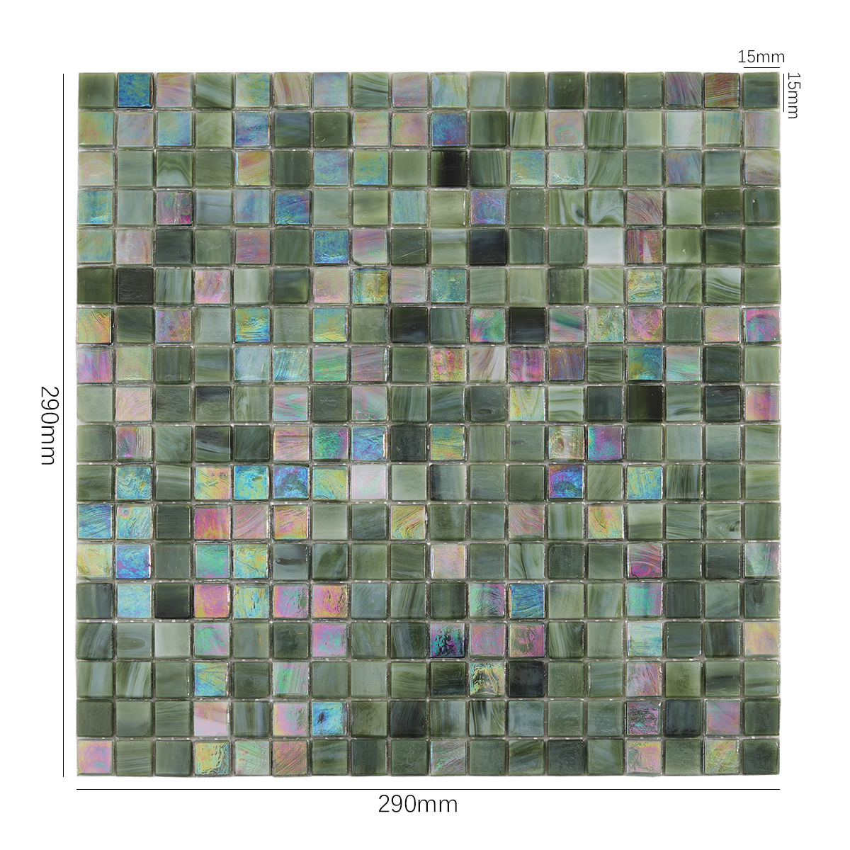 Green Square Glass Mosaic Tiles, displayed with size dimensions